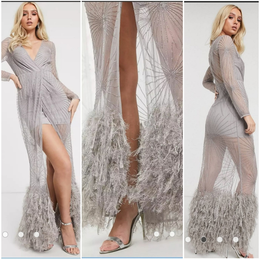 ASOS embellished maxi dress w/ feather hem